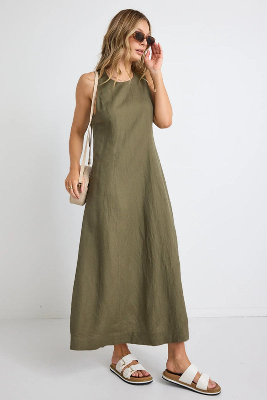 Easygoing Linen Crew Neck Midi Dress - Soft Khaki