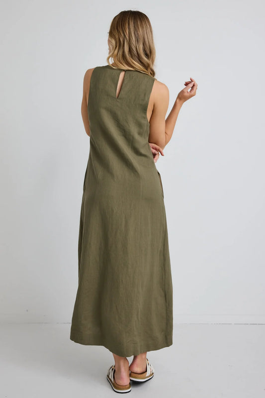 Easygoing Linen Crew Neck Midi Dress - Soft Khaki