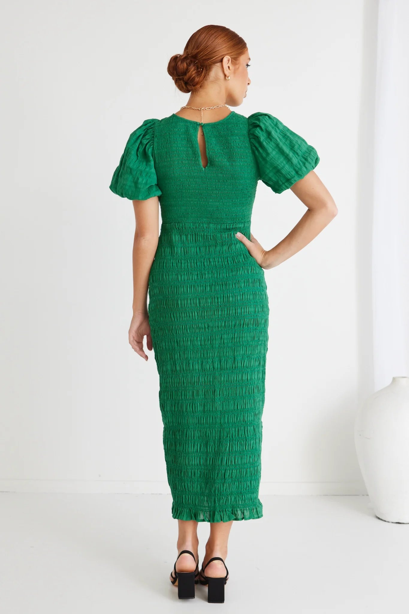 Jade Cotton Puff Midi Dress - Green