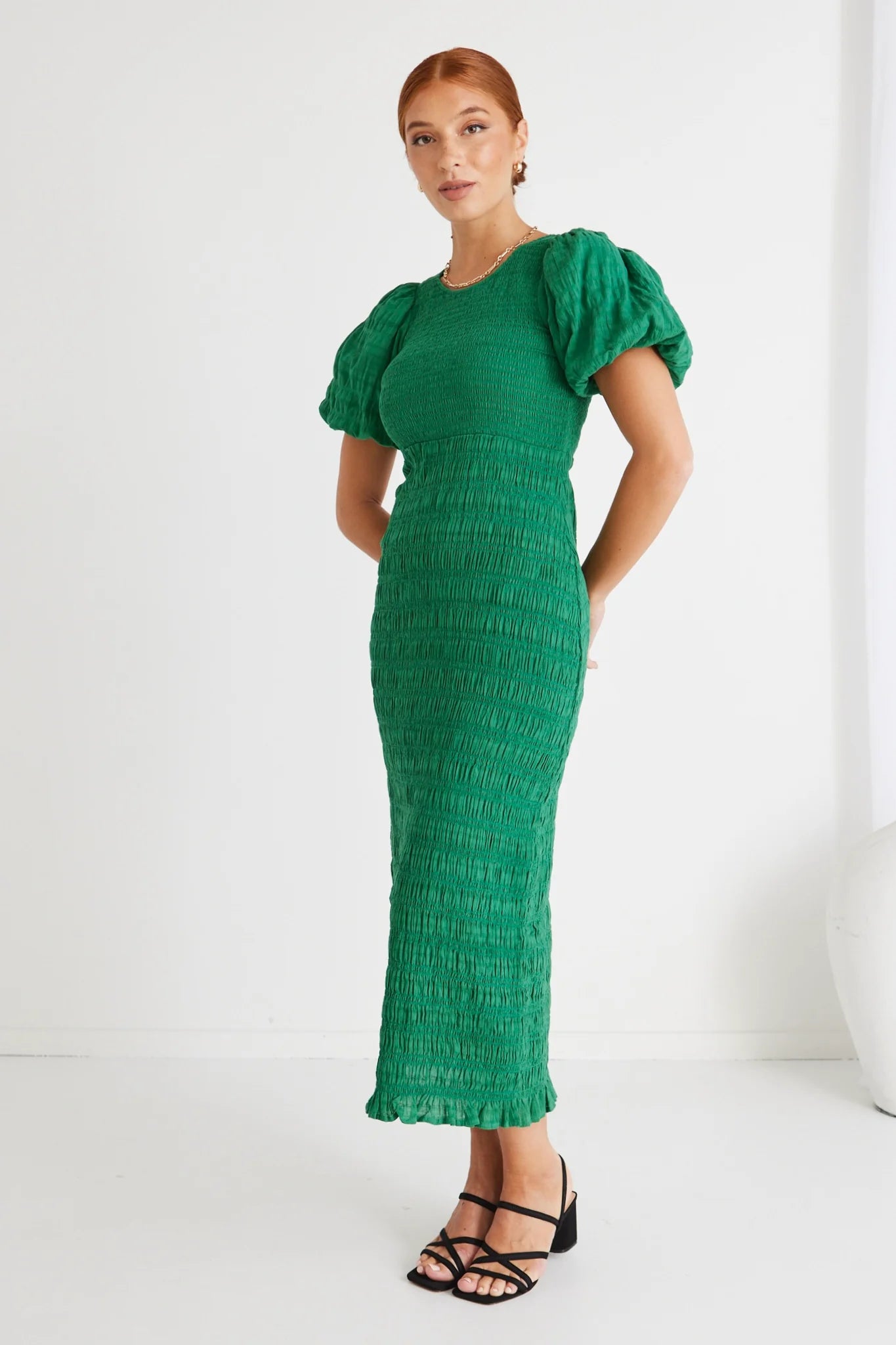 Jade Cotton Puff Midi Dress - Green