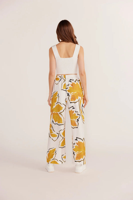 Zuri Wide Leg Pant - White Palm Print