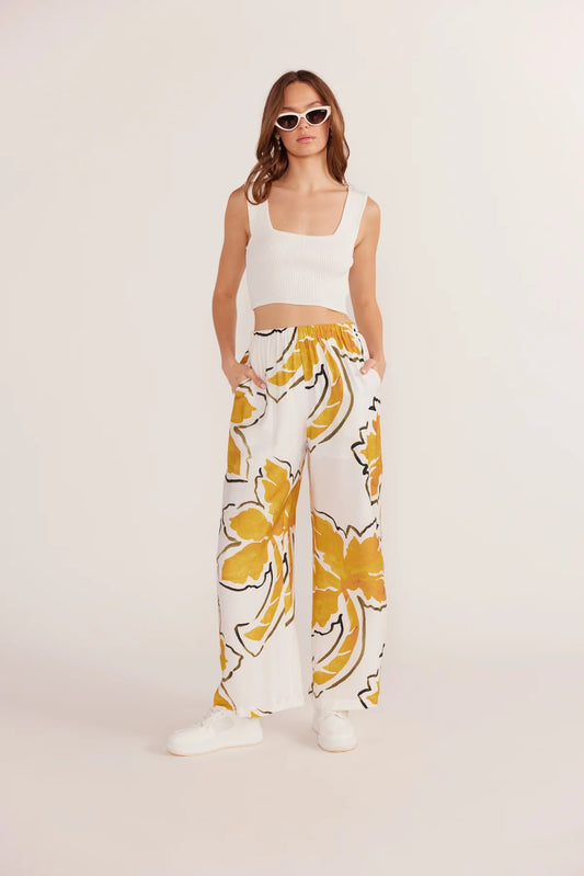 Zuri Wide Leg Pant - White Palm Print