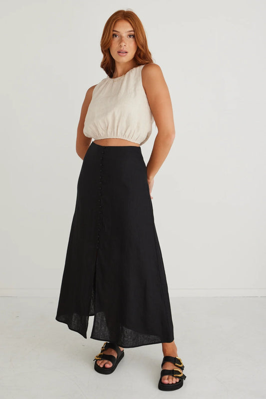 Mercy Linen Button Front Aline Skirt - Black