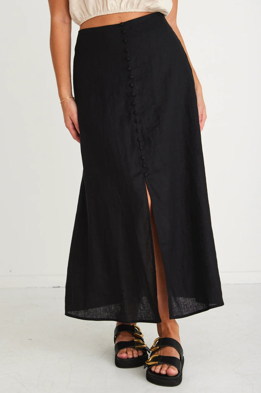 Mercy Linen Button Front Aline Skirt - Black