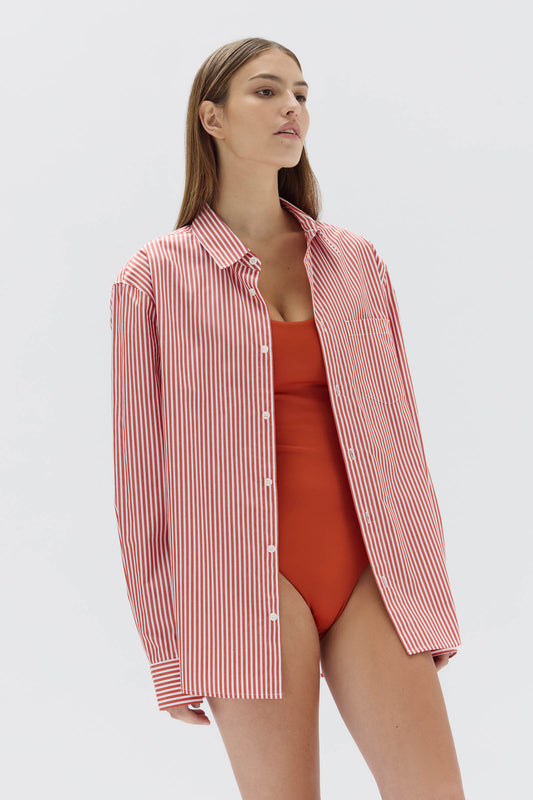 Poplin Shirt - Papaya/White Stripe