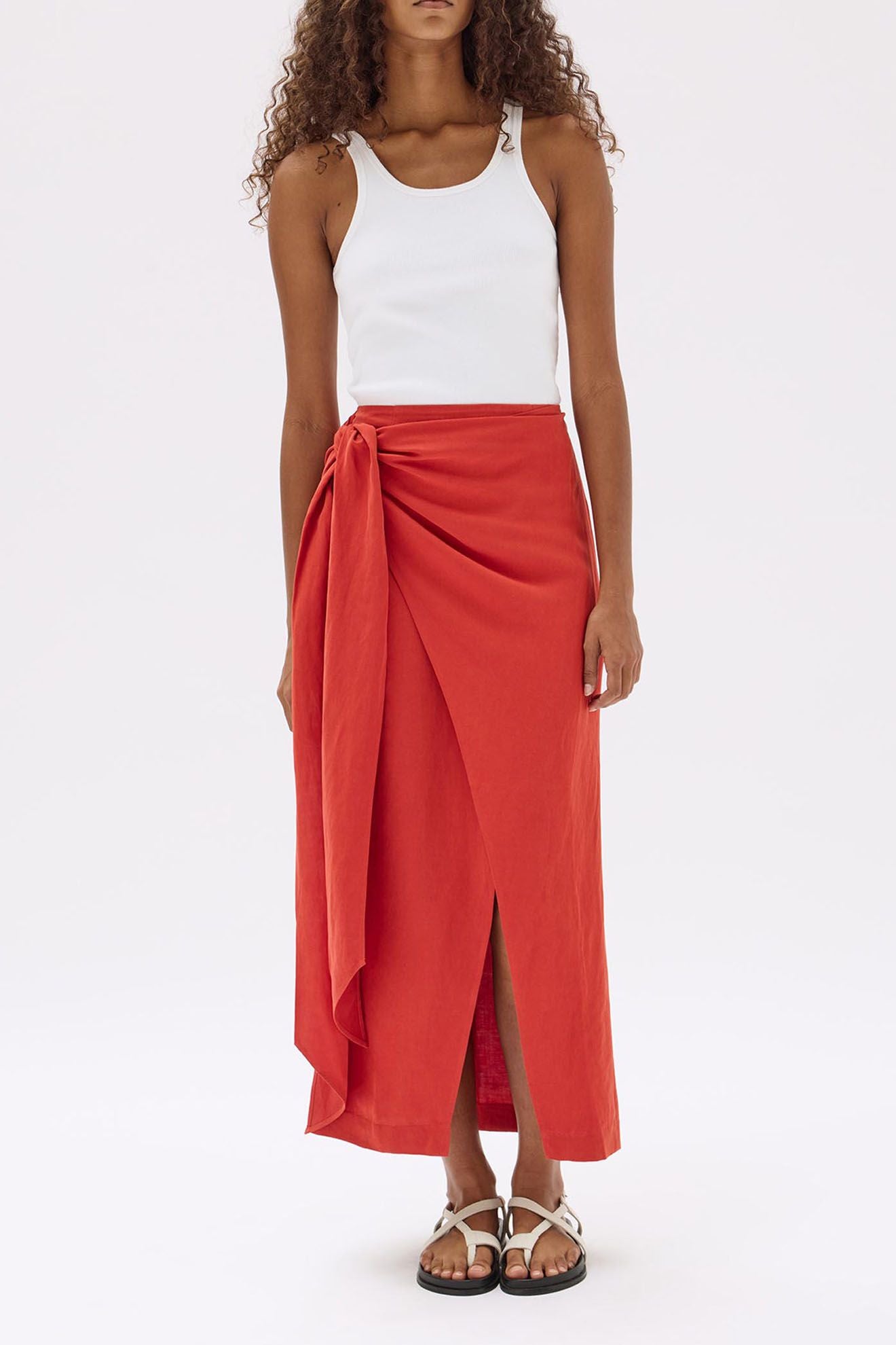 Reese Silk Linen Tie Skirt - Papaya